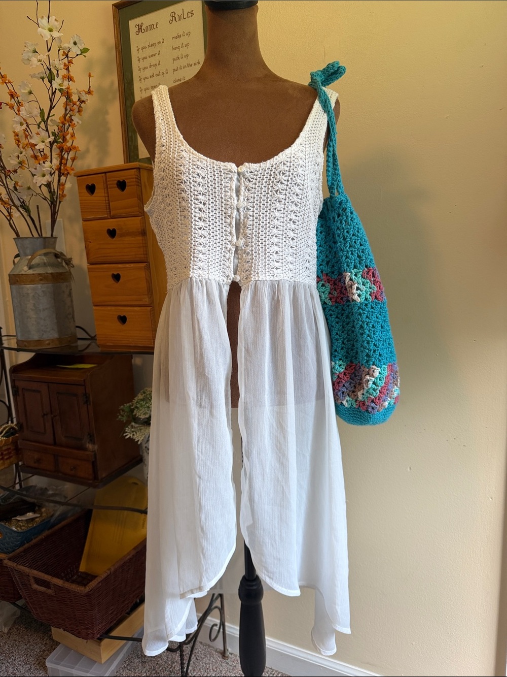 Hollister | White Crochet Bodice Chiffon Flyaway Sheer Swim Cover Up Tunic | Med